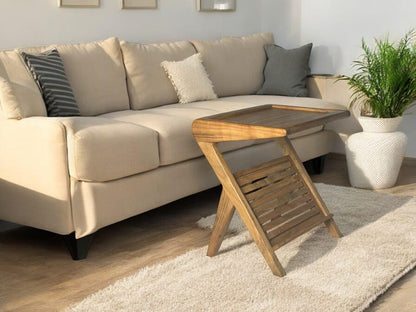 Wood Curls Magnoir Z-Shaped Solidwood End Table,Bedside Table,Coffee Table,Table for Living Room,Bedroom,Bohemian Style,Sofa Side Table with Rack,Natural Wood Finish,End Table for Small Spaces
