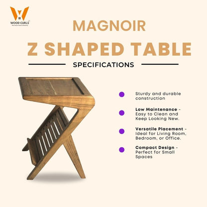 Wood Curls Magnoir Z-Shaped Solidwood End Table,Bedside Table,Coffee Table,Table for Living Room,Bedroom,Bohemian Style,Sofa Side Table with Rack,Natural Wood Finish,End Table for Small Spaces