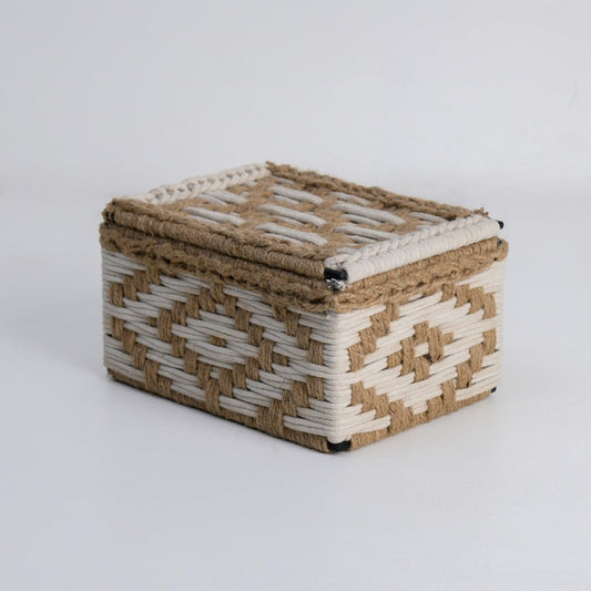 Wood Curls Handwoven Cotton Rope Storage Box – Natural Brown and White Organizer with Lid for Tea Bags, Jewelry, Trinkets, Desk & Vanity, Decorative Organiser,23cm(L) x16.5cm(W) x12.7cm(H)