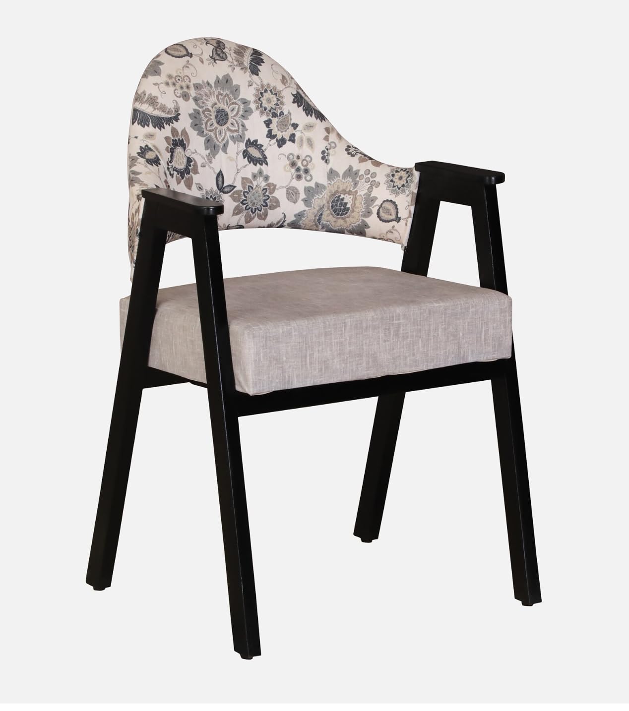 Wood Curls Florence Sheesham wood arm chair with curved floral backrest and tapered black wooden legs,