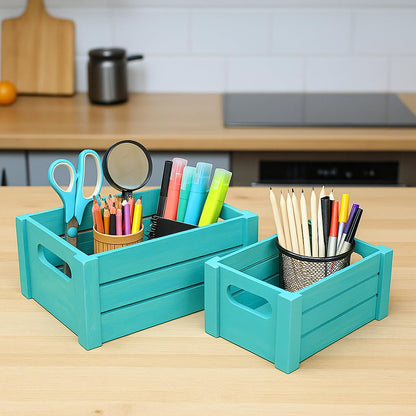 Wood Curls Set of 2 Wooden Nesting Storage Crates – Rustic Organizer Bins for Fruits, Vegetables, Toiletries, Toys & Household Essentials[Medium (14 x 10.5 x 6 inch) & Small (12 x 8 x 5.5 inch)]
