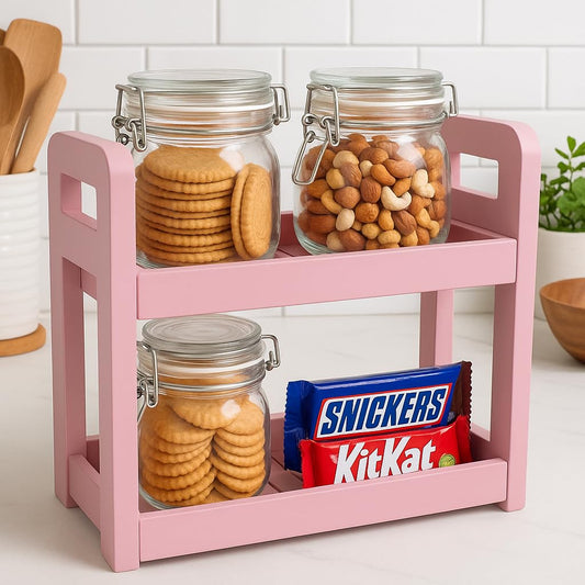 Wood Curls 2-Tier Wooden Countertop Storage Rack – Wooden Organizer for Kitchen, Bathroom & Office (Dimensions:34 L x 20 W x 35.5 H cm)