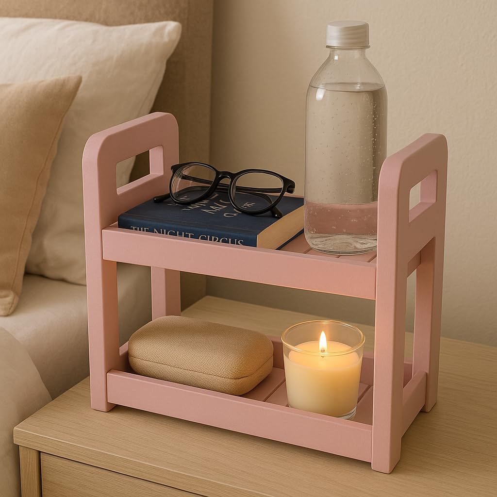 Wood Curls 2-Tier Wooden Countertop Storage Rack – Wooden Organizer for Kitchen, Bathroom & Office (Dimensions:34 L x 20 W x 35.5 H cm)