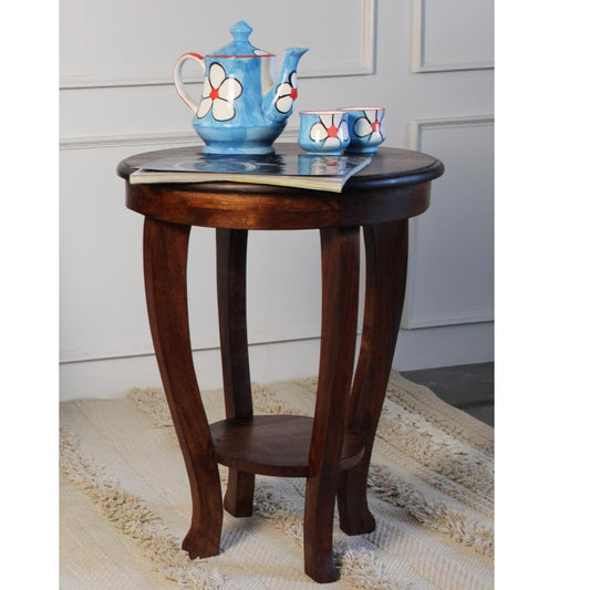 Wood Curls Aurora Round Side Table with Curved Legs, 2-Tier Wooden End Table, Table for Living Room, Bedroom,End Table for Office, Home,Cherry Brown Finish(18inch Diameter x 24 inch Height)