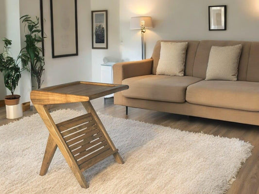 Wood Curls Magnoir Z-Shaped Solidwood End Table,Bedside Table,Coffee Table,Table for Living Room,Bedroom,Bohemian Style,Sofa Side Table with Rack,Natural Wood Finish,End Table for Small Spaces