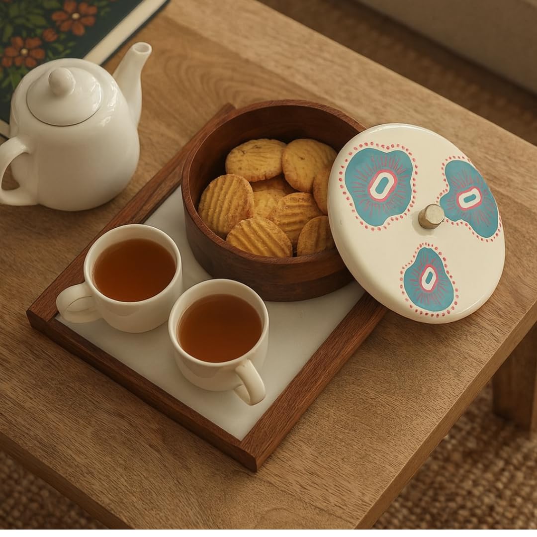 Wood Curls Handcrafted Wooden Storage Container with Hand-Painted Lid – Multipurpose Roti, Snack & Dry Fruit Server for Kitchen and Dining Table (23 cm Diameter x 9.5 cm Height)