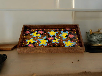 Wood Curls Handmade Mango Wood Tray with Floral Print| DIY Wooden Flower Tray for Home, Office|Hand Painted Wooden Tray