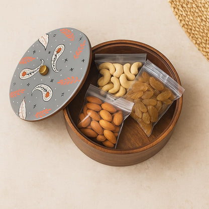 Wood Curls Handcrafted Wooden Multipurpose Storage Box with Hand-Painted Lid – Round Roti, Snack & Dry Fruit Container (24 cm Diameter, 11.5 cm Height)