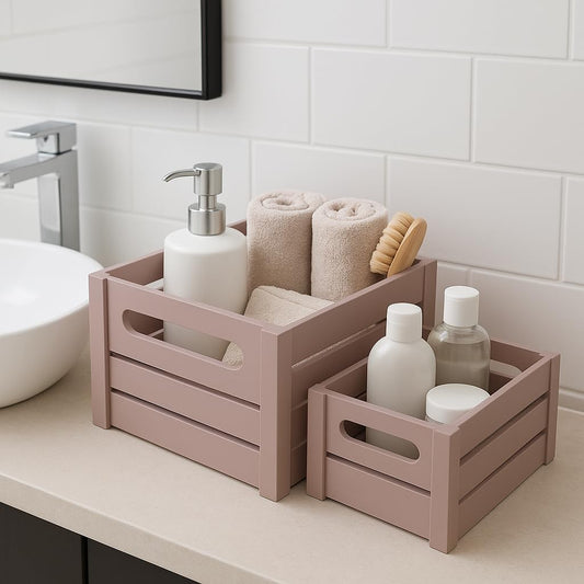 Wood Curls Wooden Nesting Storage Crates with Handles (Set of 2) – Stylish Organizer Baskets for Toiletries, Pantry & Home Décor(Medium (14x11x6 inch) & Small (12x8x5.5 inch)