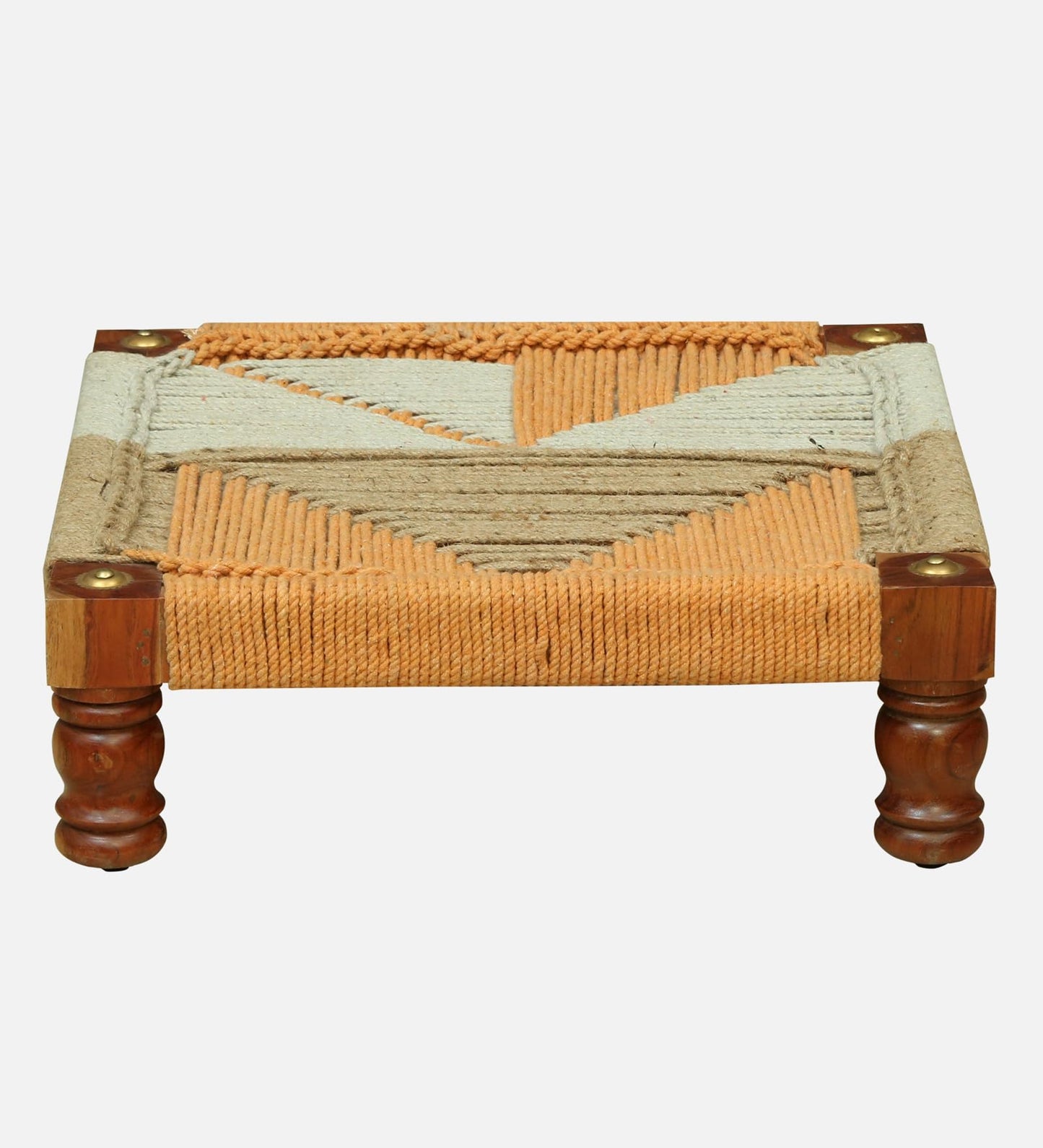 Wood Curls Handwoven Wooden Chowki | Traditional Cord Weaving Stool for Sitting, Footrest & Puja | Low Wooden Seat with Durable Rope Weaving(20 inch L x 7 inch H)