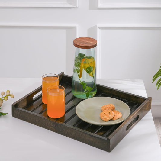 Wood Curls Handcrafted Wooden Serving Tray|Snacks and Tea Serving Tray|Rectangular Shape|Tray for Home Decor|Mango Wood|Serving Tray for Home,Kitchen,Cafe (Large) 41cm(L) x 33cm(W) x 5cm(T)