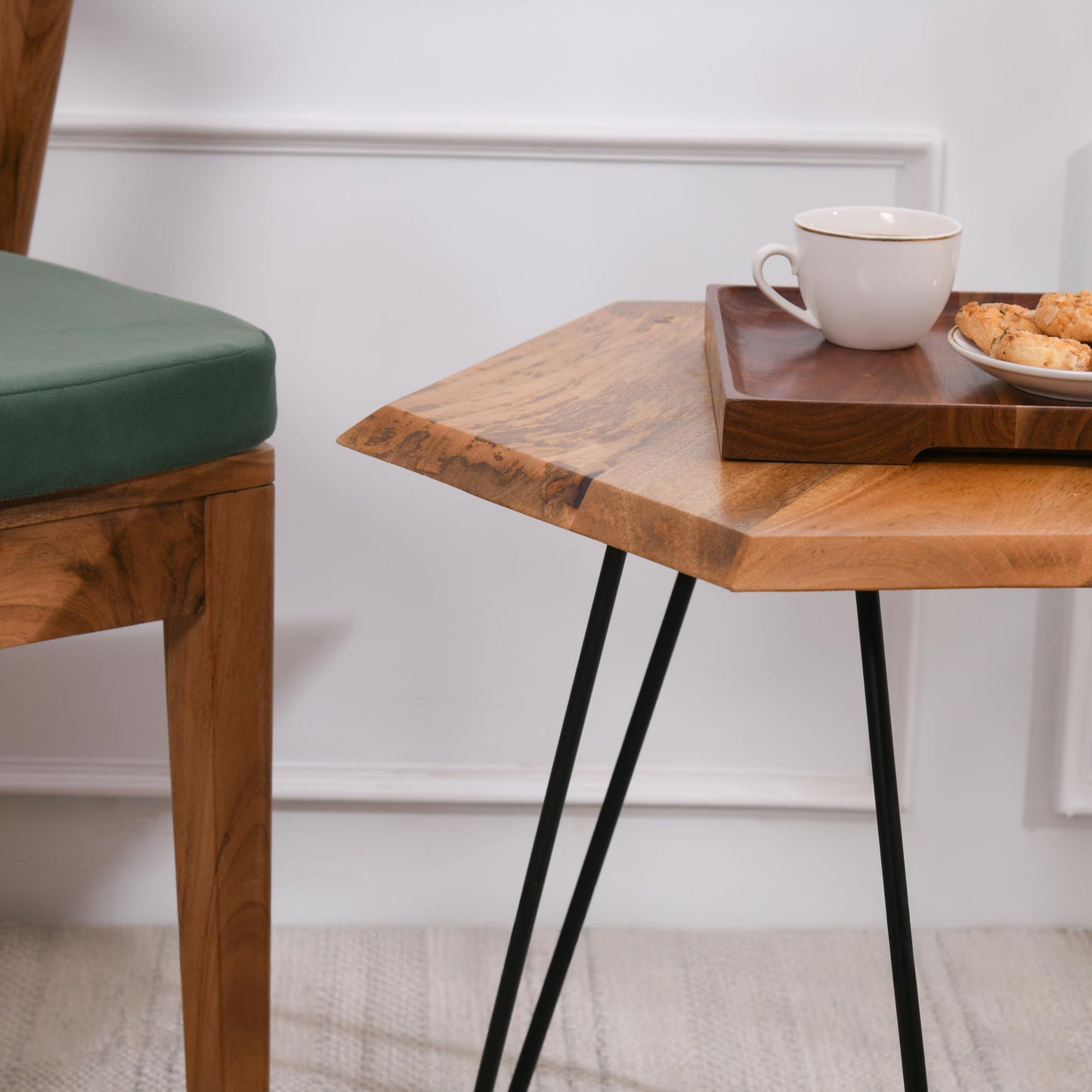 Wood Curls Vivo Solid Wood Side Table|End Table for Living Room,Bedroom,Office|Space Saving End Table|Table with Metal Legs|Center Table for Office & Home|Hexagon Shape|Natural Finish