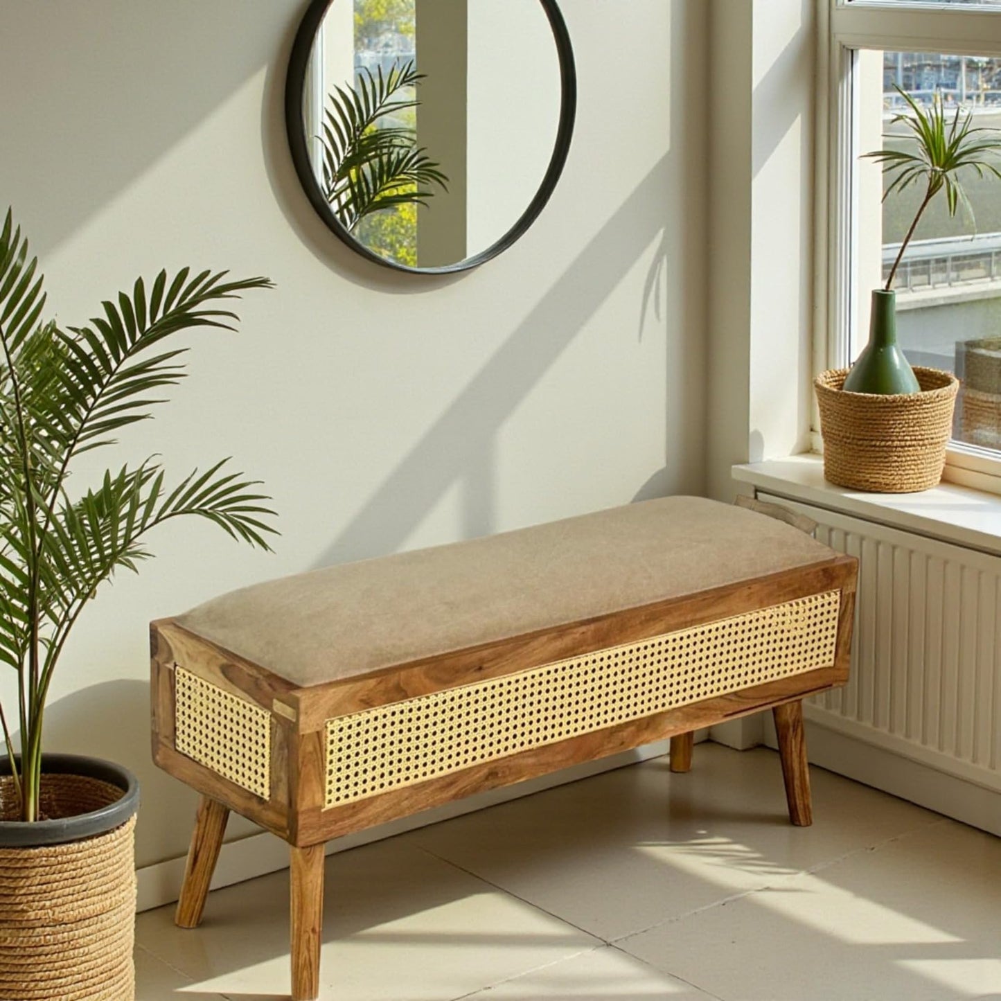 wooden storage bench with cushion
cane bench with storage entryway
rattan wooden bench bedroom
acacia wood storage bench India