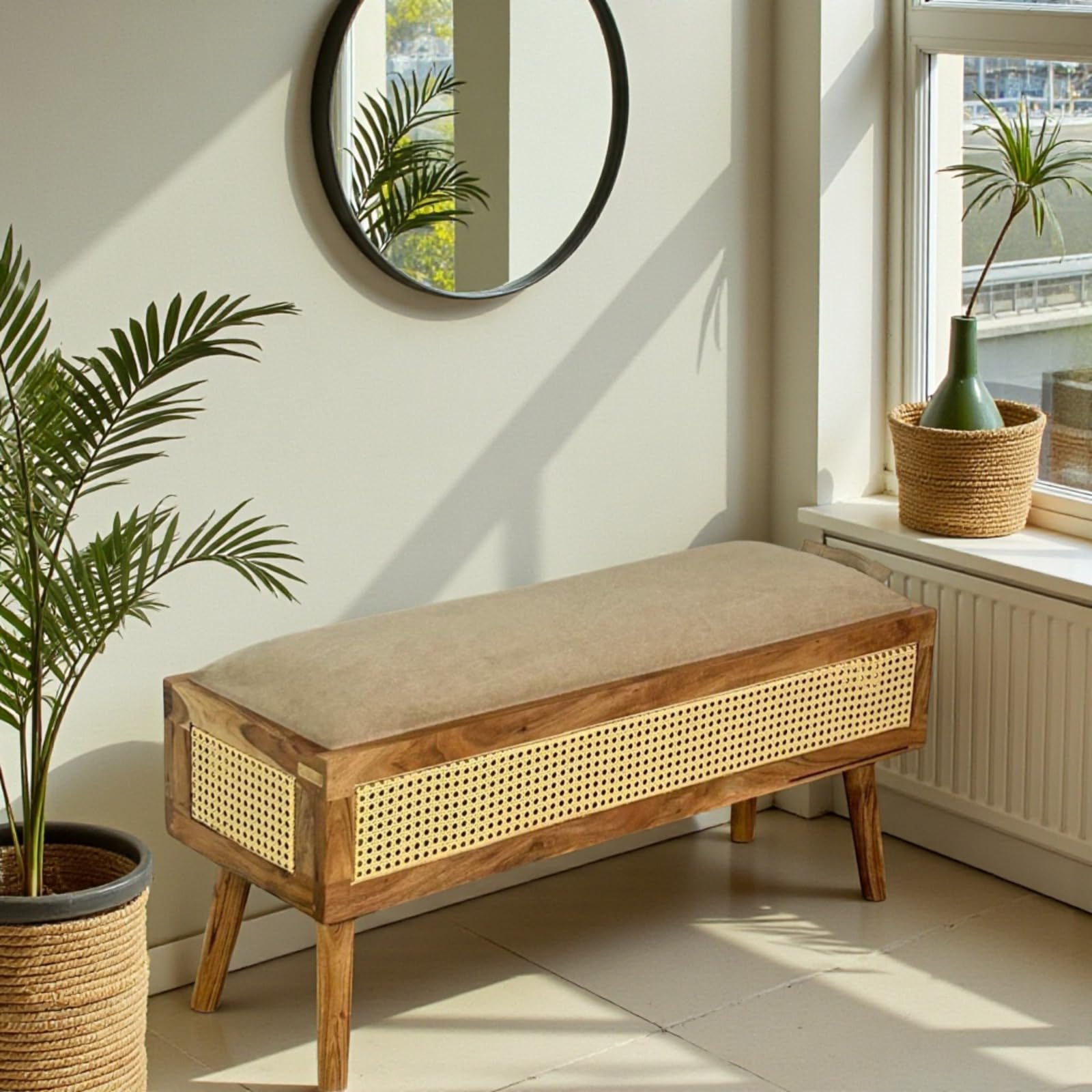 wooden storage bench with cushion
cane bench with storage entryway
rattan wooden bench bedroom
acacia wood storage bench India