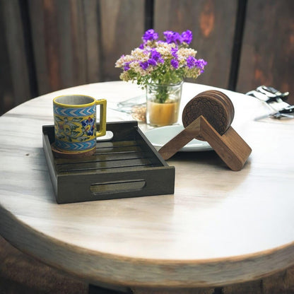 Wood Curls Wooden Tea Coasters with Stand,Set of 6 Round Coasters,Floral Design Wooden Coaster for Dining Table,Coaster Set Fit for Tea Cups,Coffee Mugs,Glasses,Heat Resistant (3.75 x3.75 inches)