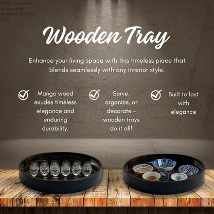 Wood Curls Aret Round Wooden Serving Tray with Handles | Multipurpose Mango Wood Tray | Walnut Finish | Elegant Tray for Kitchen | Dining | Tea | Coffee & Home Décor |