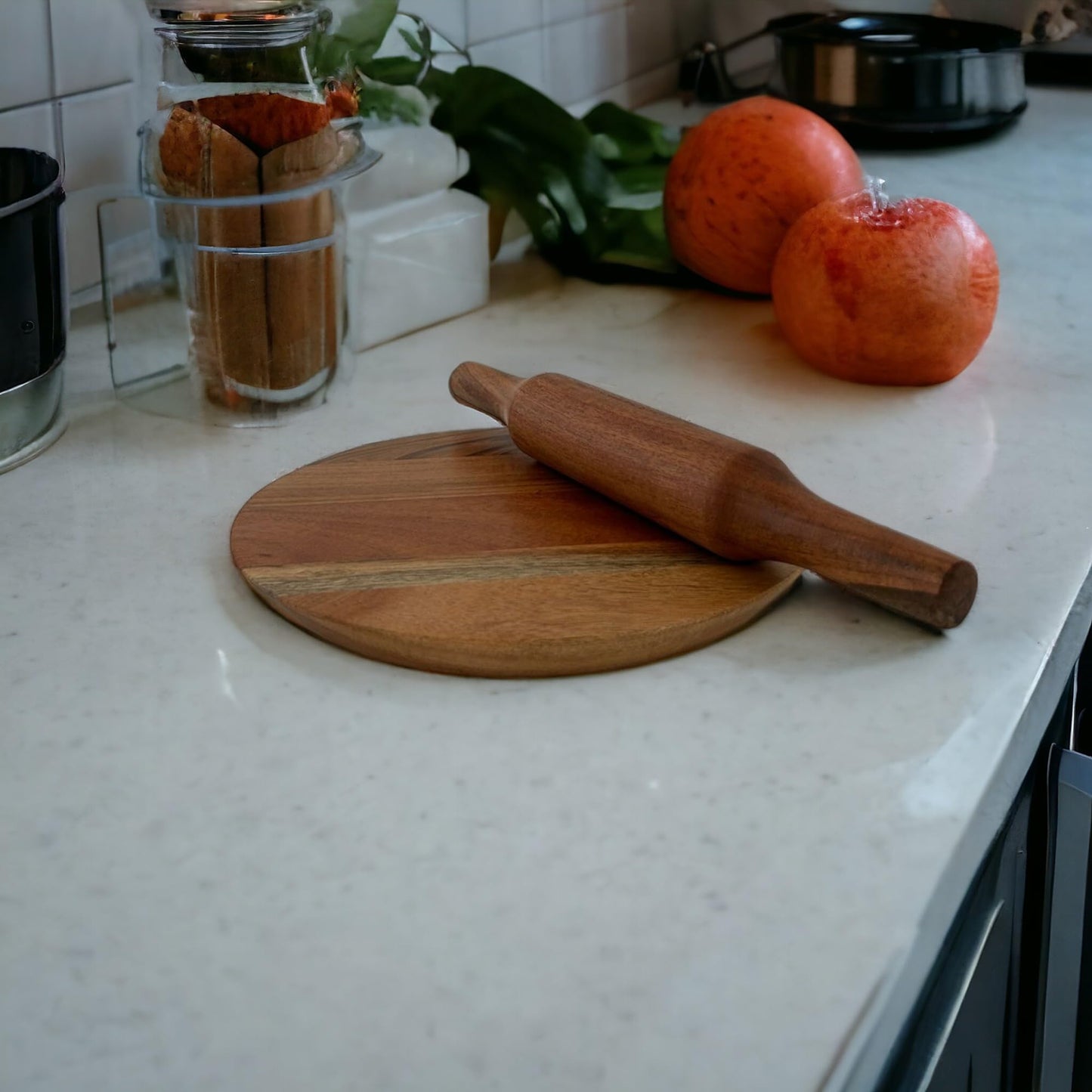 WOOD CURLS Wooden Chakla Belan | Rolling Board and Rolling Pin | Roti Maker | Size of Chakla 24 cm | Size of Belan 32 cm |