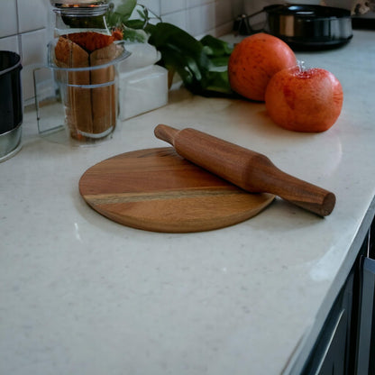 WOOD CURLS Wooden Chakla Belan | Rolling Board and Rolling Pin | Roti Maker | Size of Chakla 24 cm | Size of Belan 32 cm |