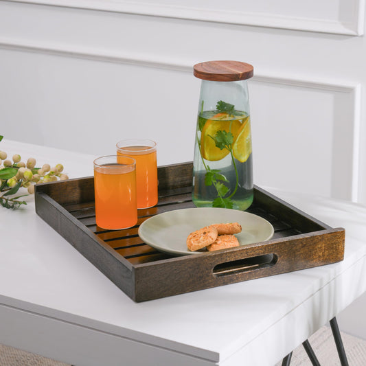 Wood Curls Handcrafted Wooden Serving Tray|Snacks and Tea Serving Tray|Rectangular Shape|Tray for Home Decor|Mango Wood|Serving Tray for Home,Kitchen,Cafe (Large) 41cm(L) x 33cm(W) x 5cm(T)