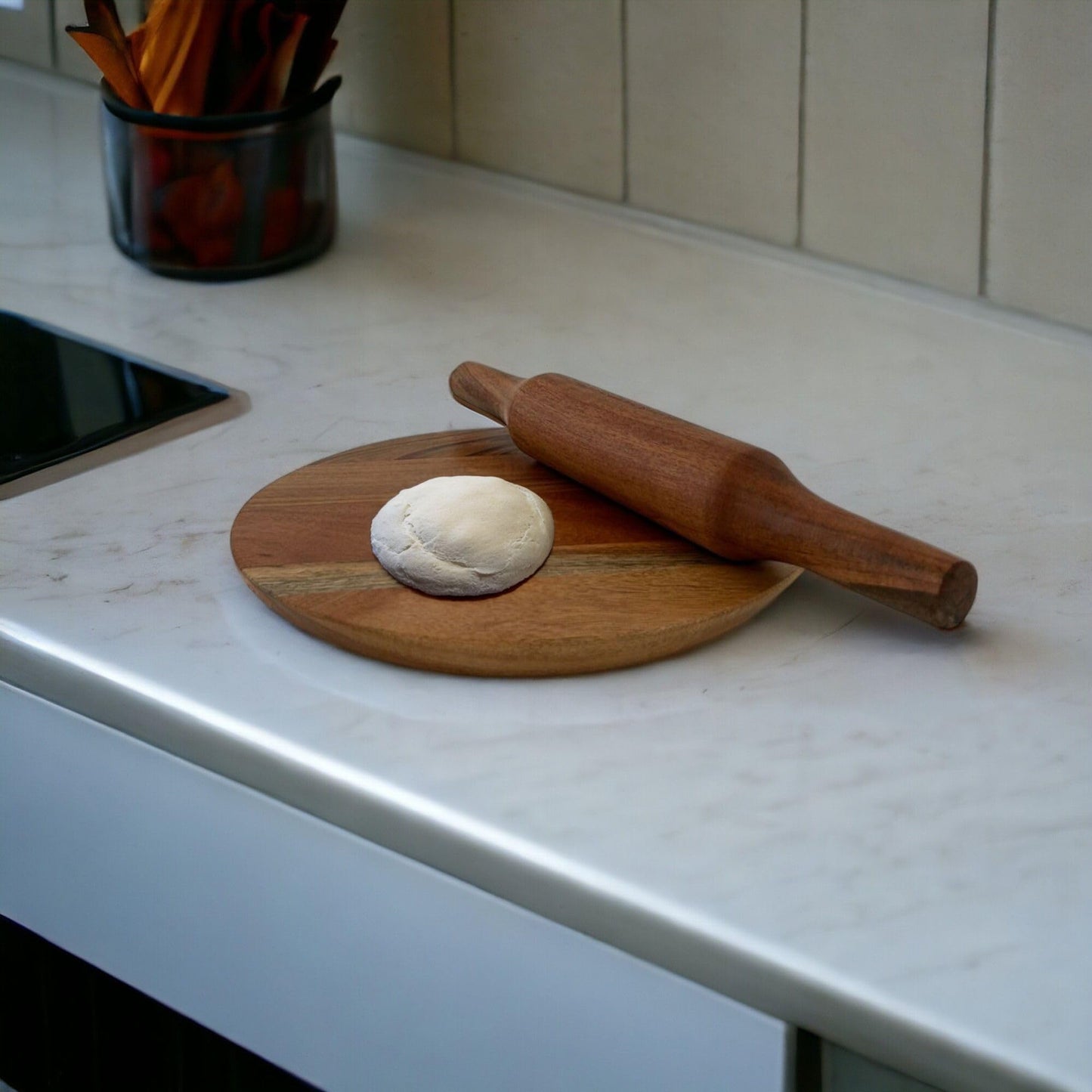 WOOD CURLS Wooden Chakla Belan | Rolling Board and Rolling Pin | Roti Maker | Size of Chakla 24 cm | Size of Belan 32 cm |