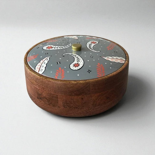 Wood Curls Handcrafted Wooden Multipurpose Storage Box with Hand-Painted Lid – Round Roti, Snack & Dry Fruit Container (24 cm Diameter, 11.5 cm Height)