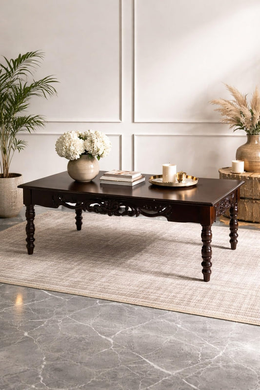 carved wooden coffee table 47 inch
traditional wooden center table living room
wooden tea table carved legs
dark wood coffee table rectangular