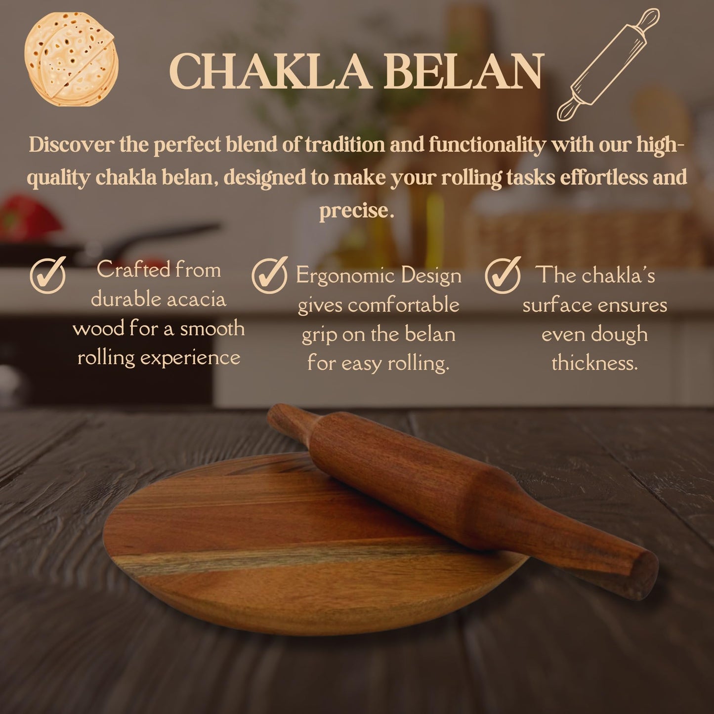 WOOD CURLS Wooden Chakla Belan | Rolling Board and Rolling Pin | Roti Maker | Size of Chakla 24 cm | Size of Belan 32 cm |