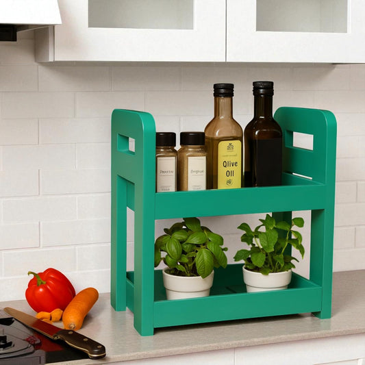 Wood Curls 2-Tier Wooden Countertop Storage Rack – Turquoise Color Wood Organizer for Kitchen, Bathroom & Office (Dimensions:34 L x 20 W x 35.5 H cm)