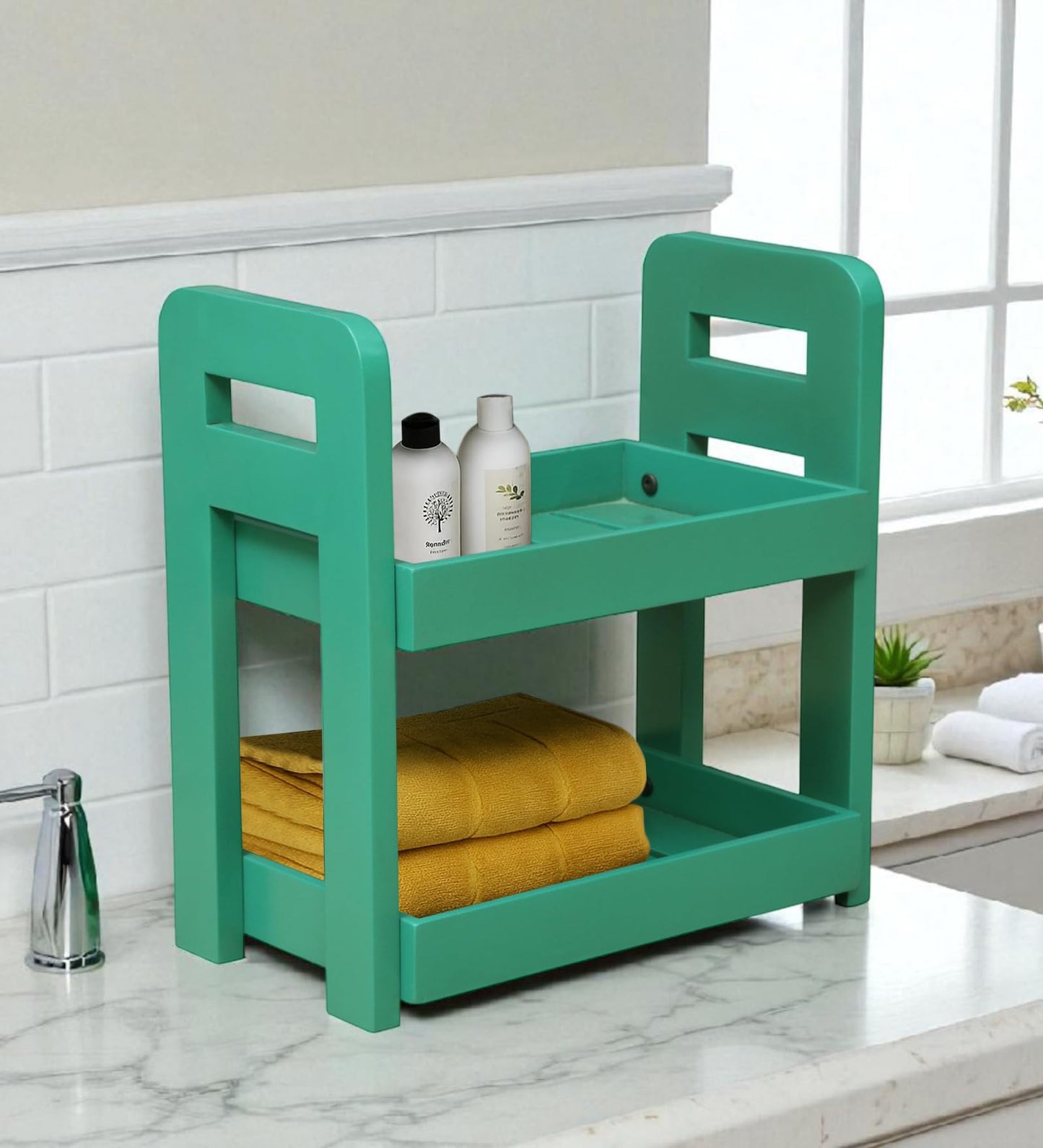 Wood Curls 2-Tier Wooden Countertop Storage Rack – Turquoise Color Wood Organizer for Kitchen, Bathroom & Office (Dimensions:34 L x 20 W x 35.5 H cm)