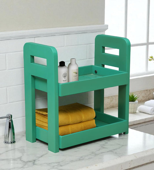 Wood Curls 2-Tier Wooden Countertop Storage Rack – Turquoise Color Wood Organizer for Kitchen, Bathroom & Office (Dimensions:34 L x 20 W x 35.5 H cm)