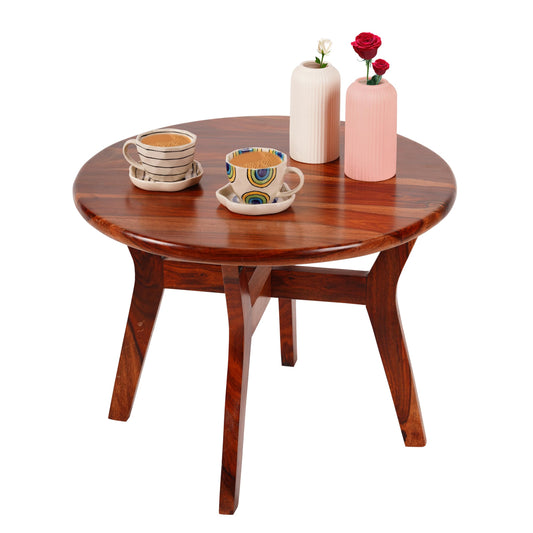 Wood Curls Solstice Sheesham Wood Coffee Table | Center Table for Living Room | Space Saver Tea Table for Office & Home | Natural Finish Round Table