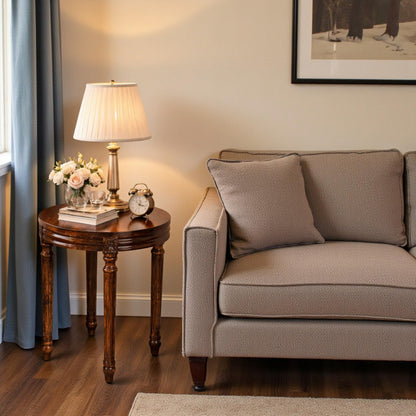 “Solid wood bedside end table with lamp in elegant bedroom”