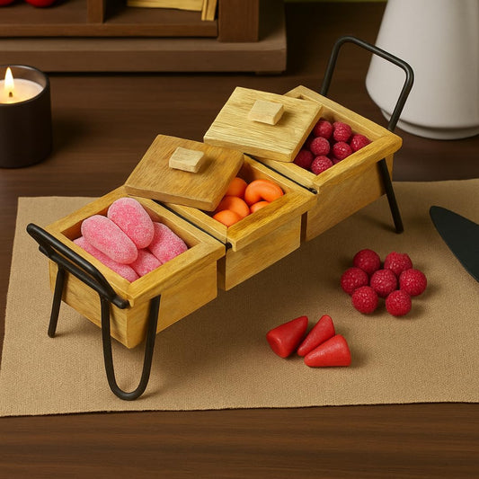 Wood Curls Rustic Wooden Serving Tray with Sturdy Metal Handles – Multipurpose Snack & Decorative Centerpiece,Snack & Serving Tray with Compartments(15L X 5D X 6H inches)