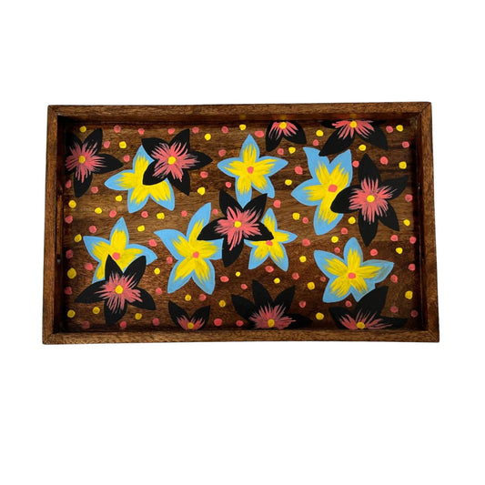 Wood Curls Handmade Mango Wood Tray with Floral Print| DIY Wooden Flower Tray for Home, Office|Hand Painted Wooden Tray