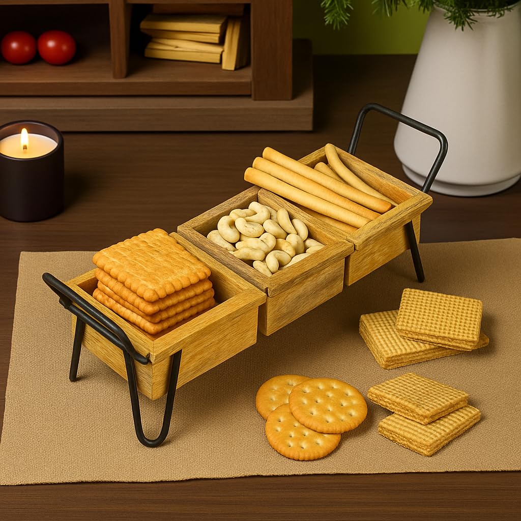 Wood Curls Rustic Wooden Serving Tray with Sturdy Metal Handles – Multipurpose Snack & Decorative Centerpiece,Snack & Serving Tray with Compartments(15L X 5D X 6H inches)