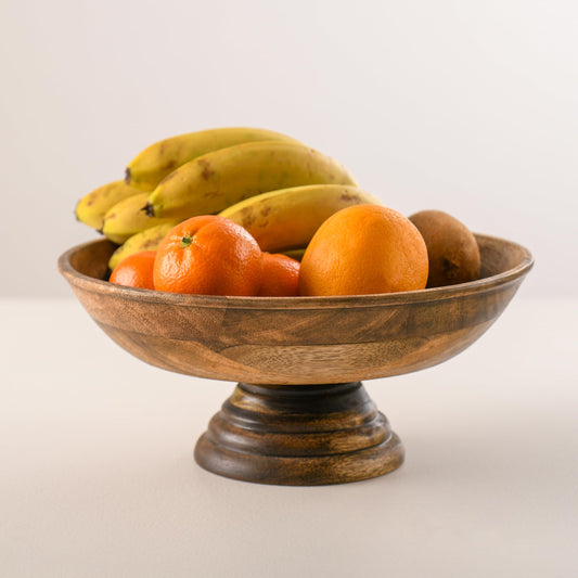 Wood Curls Handcrafted Wooden Pedestal Bowl for Kitchen Counter,Decorative Bowl for Center Table,Bowl for Salad,Fruits,Mango Wood, Natural Finish(25.5cm Diameter x 11.5cm Height)