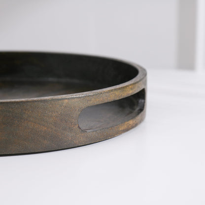 Wood Curls Aret Round Wooden Serving Tray with Handles | Multipurpose Mango Wood Tray | Walnut Finish | Elegant Tray for Kitchen | Dining | Tea | Coffee & Home Décor |