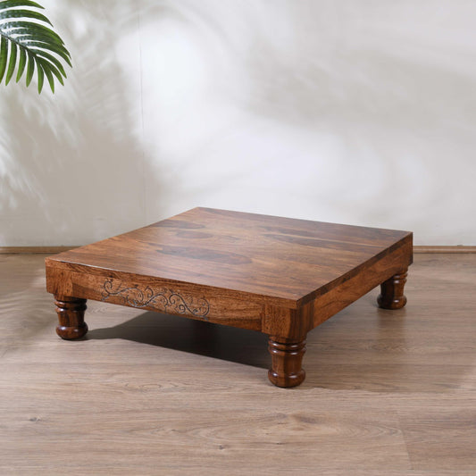 Wood Curls Wooden Puja Chowki with Carved Legs, Traditional Prayer Table, Dark Brown,Sheesham Wood,Puja Table for Home (20 inch x 20 inch x 6.2 inch)