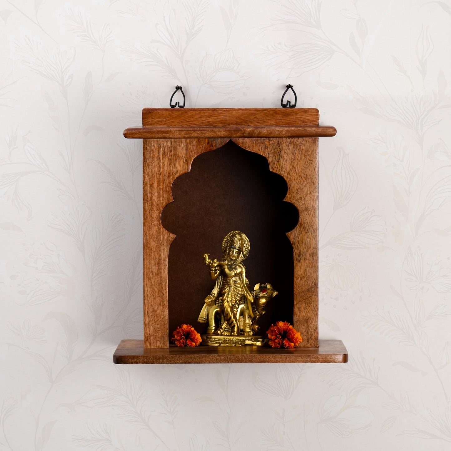 Wood Curls Wooden Wall Hanging Pooja Temple,Mandir for Small Spaces, Temple for Home,Traditional Arch Design, Sheesham Wood,Brown Finish(12inch L x 13.5inch H)