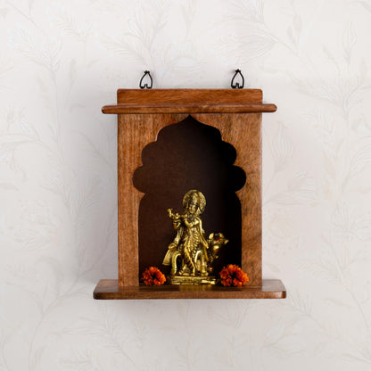 Wood Curls Wooden Wall Hanging Pooja Temple,Mandir for Small Spaces, Temple for Home,Traditional Arch Design, Sheesham Wood,Brown Finish(12inch L x 13.5inch H)