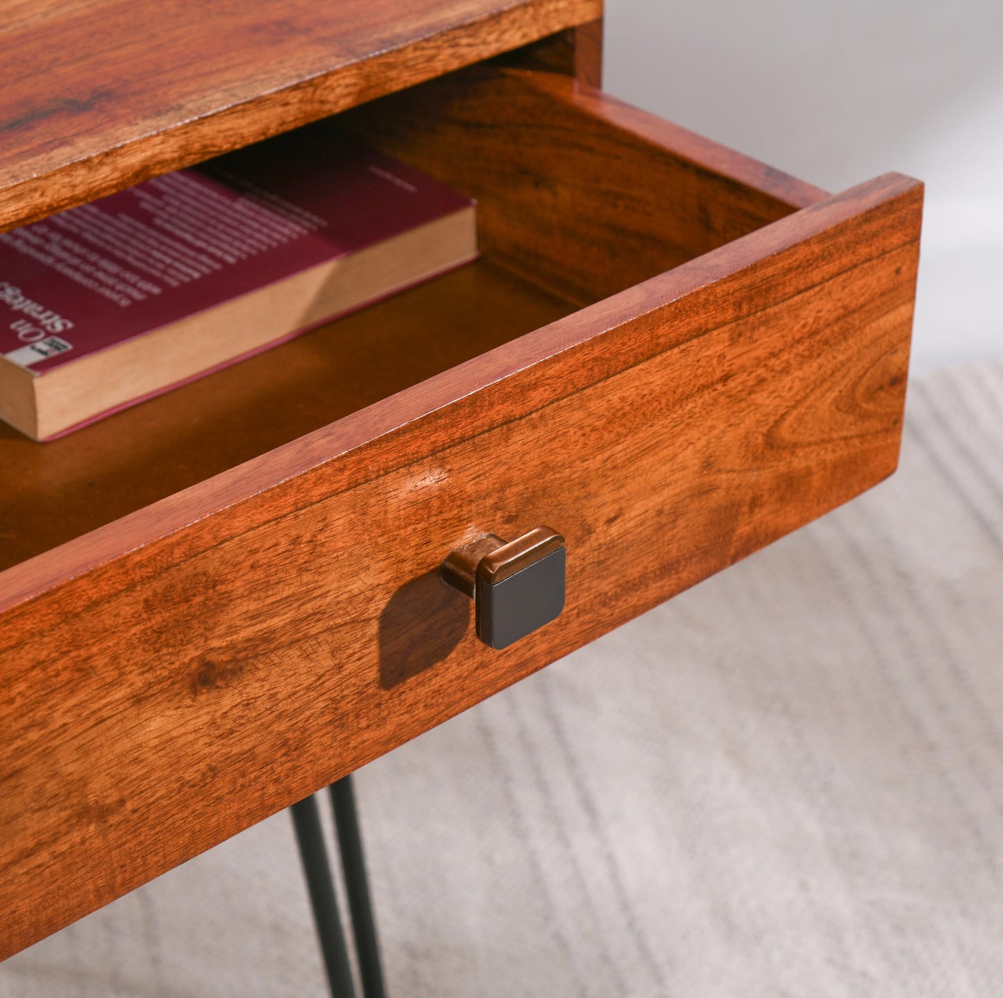 Wood Curls Torino Rustic Side Table with Drawer,Bedside Table,SideTable for Living Room,End Table,Solid Wood, Metal Legs, (45L x 45B x 55.5H) cm,