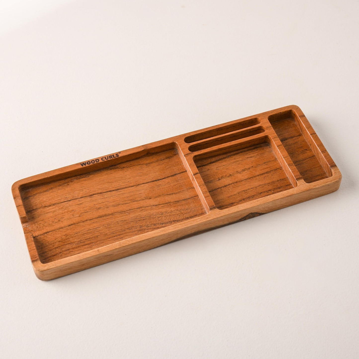 Wood Curls Wooden Desk Organiser Tray with Compartments,Storage Organiser for Home,Office,Designed for Stationery and Mobile Phones,Table Organiser,Acacia Wood,Natural Finish (32.5LX11.5WX2H cm),Brown