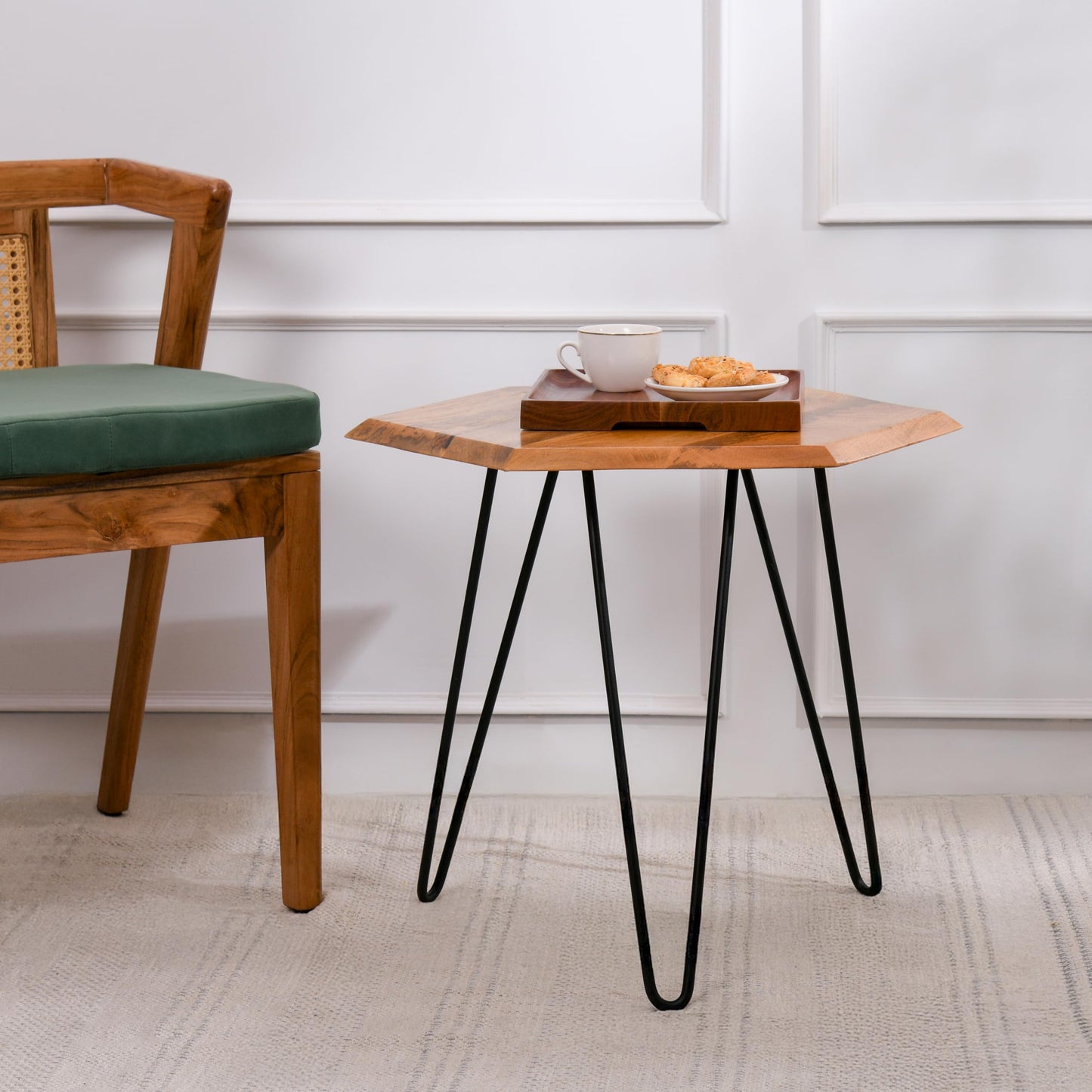 Wood Curls Vivo Solid Wood Side Table|End Table for Living Room,Bedroom,Office|Space Saving End Table|Table with Metal Legs|Center Table for Office & Home|Hexagon Shape|Natural Finish