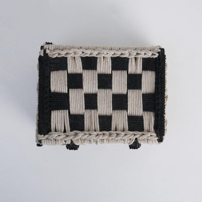 Wood Curls Handwoven Cotton Rope Storage Box – Black & Beige Checkered Organizer with Lid for Tea Bags, Jewelry, Trinkets, Desk & Vanity, Decorative Organiser,23cm(L) x16.5cm(W) x12.7cm(H)