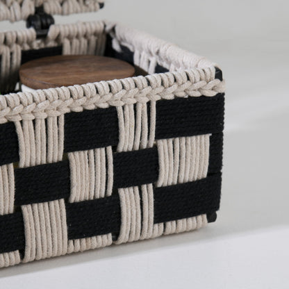 Wood Curls Handwoven Cotton Rope Storage Box – Black & Beige Checkered Organizer with Lid for Tea Bags, Jewelry, Trinkets, Desk & Vanity, Decorative Organiser,23cm(L) x16.5cm(W) x12.7cm(H)