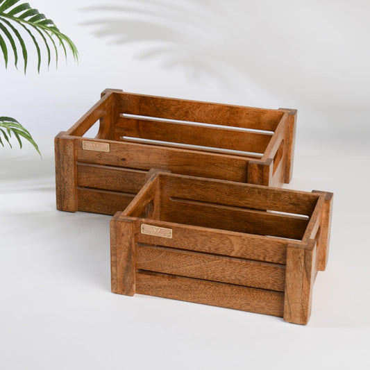 Wood Curls Rustic Wooden Storage Crates, Set of 2 Nesting Boxes, Decorative Organisers with Handles, Multiuse Organizer Set for Living Room, Kitchen, or Bathroom, Baskets for Essentials & Decor