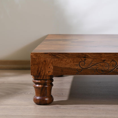 Wood Curls Wooden Puja Chowki with Carved Legs, Traditional Prayer Table, Dark Brown,Sheesham Wood,Puja Table for Home (20 inch x 20 inch x 6.2 inch)