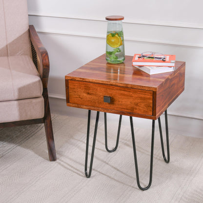 Wood Curls Torino Rustic Side Table with Drawer,Bedside Table,SideTable for Living Room,End Table,Solid Wood, Metal Legs, (45L x 45B x 55.5H) cm,