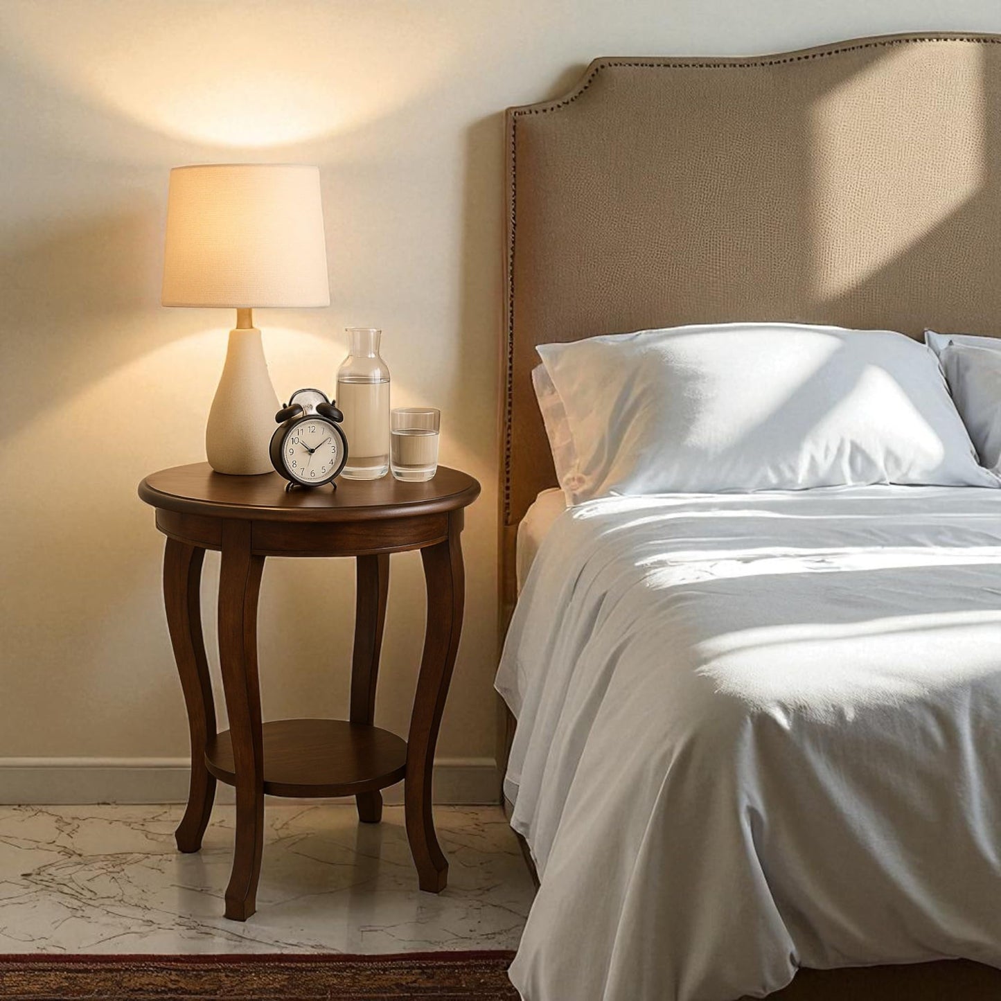 Wood Curls Aurora Round Side Table with Curved Legs, 2-Tier Wooden End Table, Table for Living Room, Bedroom,End Table for Office, Home,Cherry Brown Finish(18inch Diameter x 24 inch Height)