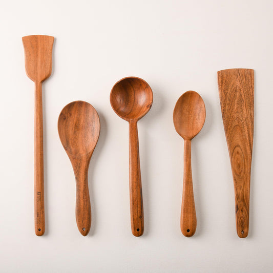 Wood Curls Wooden Kitchen Utensil Set,Compact Flip/Spatula/Ladle for Cooking Dosa/Roti/Chapati/ 5 Piece Kitchen Tools, Natural Wood, No Harmful Polish,Non-Stick,Cooking Spoons(Set of 5)